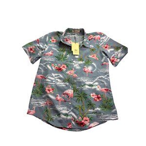 SSLR Womens Collection Flamingo Hibiscus Floral Print Hawaiian Shirt Size M New